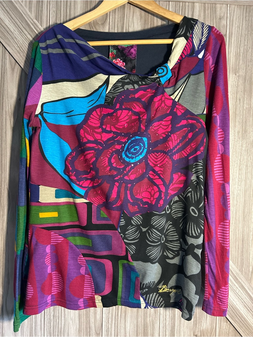 Desigual Y2K Boho Patchwork Floral Long Sleeve Top Mixed Media Graphic Print XL